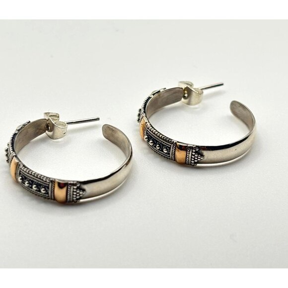 18K Sterling Silver Gold Hoop Earrings Filigree Design - Picture 1 of 10